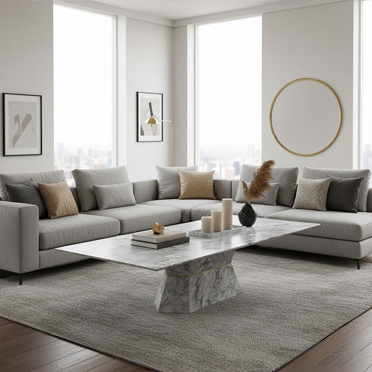 Grey Marble Coffee Table with Geometric Multifaceted Base and Natural Veining, Spezia