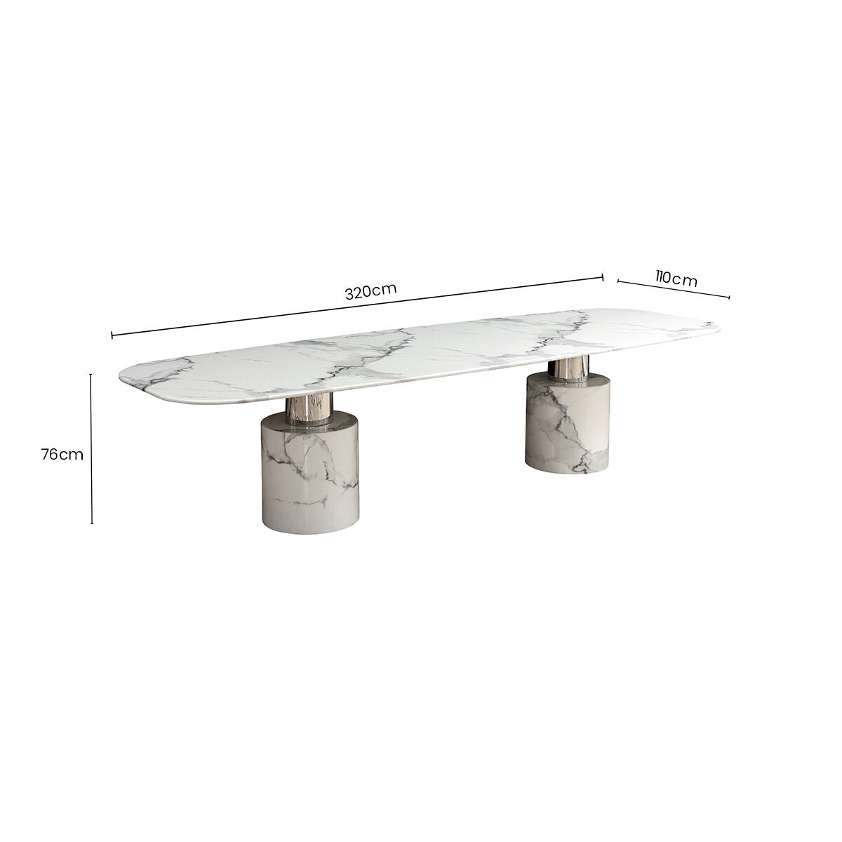 White Marble Dining Table with Cylindrical Marble Legs and Silver Metal Supports, Sesto