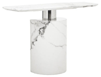 White Marble Console Table with Grey Veining and Stainless Steel Column Base, Sesto