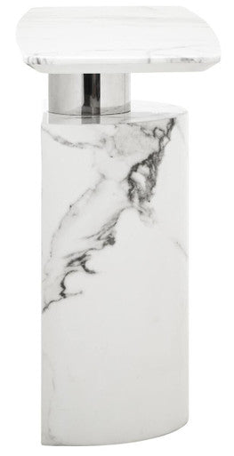 White Marble Console Table with Grey Veining and Stainless Steel Column Base, Sesto