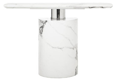 White Marble Console Table with Grey Veining and Stainless Steel Column Base, Sesto