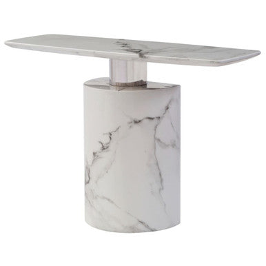 White Marble Console Table with Grey Veining and Stainless Steel Column Base, Sesto