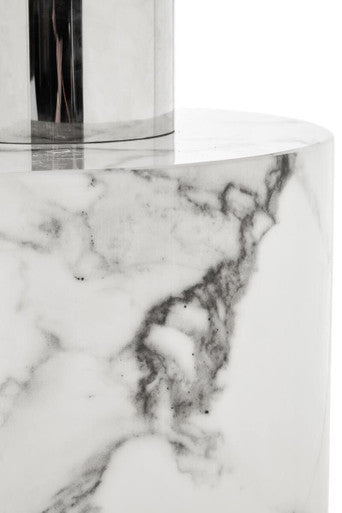 White Marble Console Table with Grey Veining and Stainless Steel Column Base, Sesto