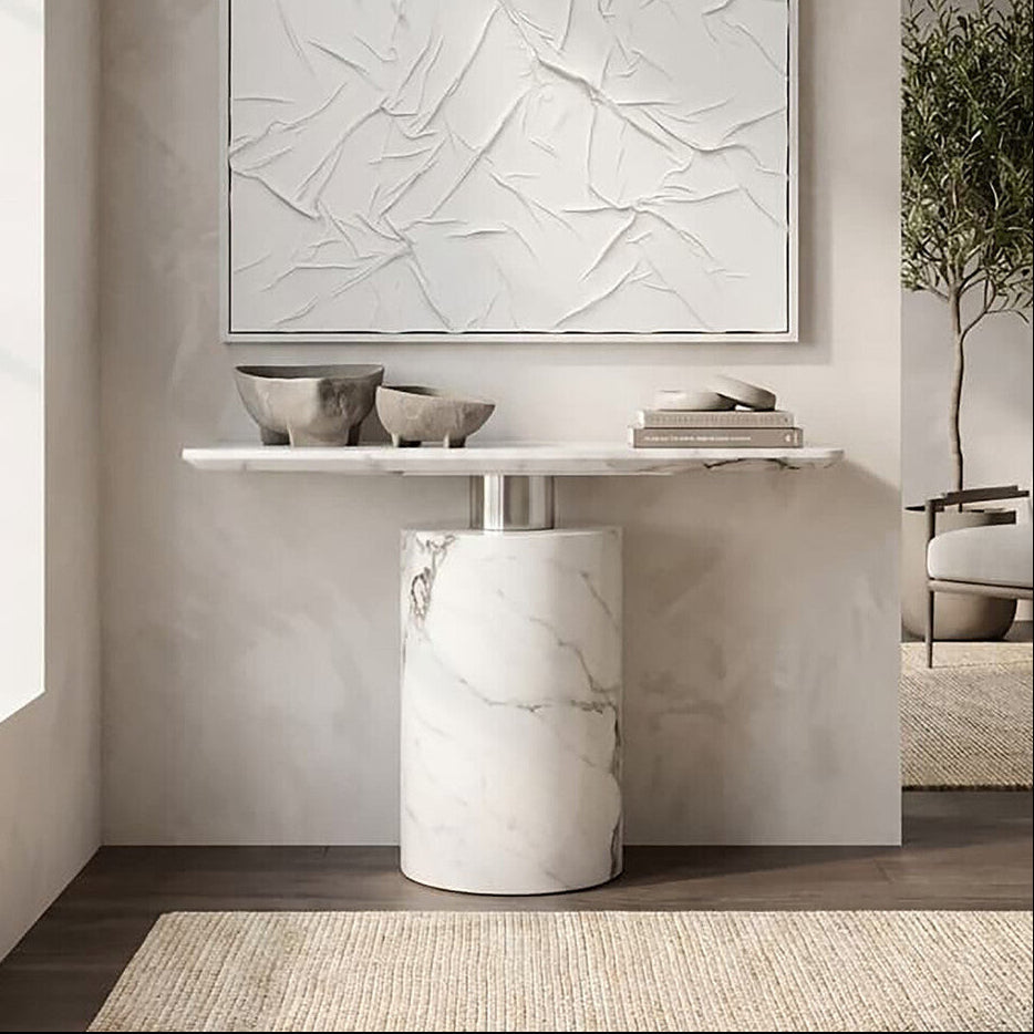 White Marble Console Table with Grey Veining and Stainless Steel Column Base, Sesto