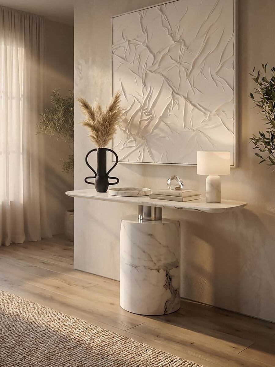 White Marble Console Table with Grey Veining and Stainless Steel Column Base, Sesto
