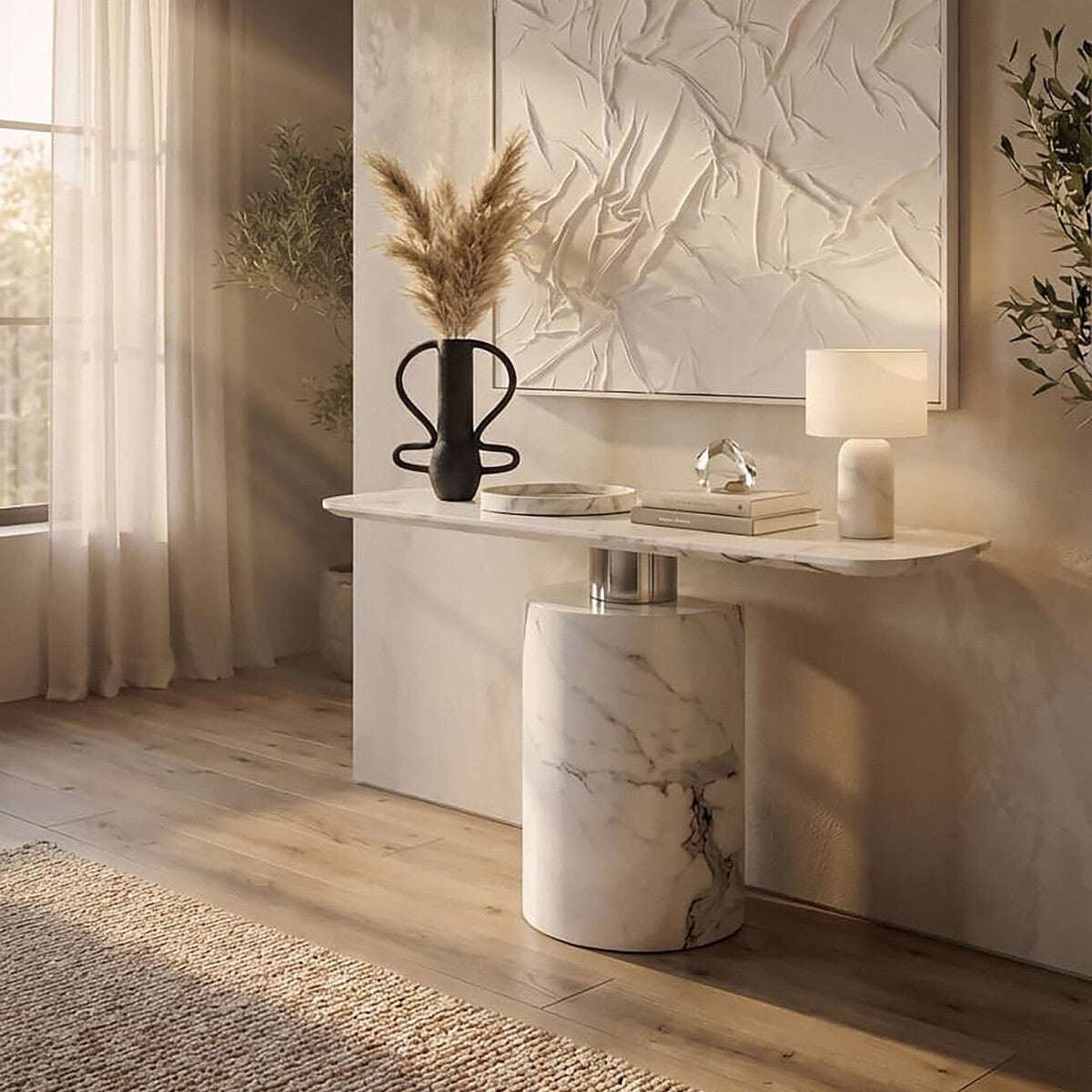 White Marble Console Table with Grey Veining and Stainless Steel Column Base, Sesto