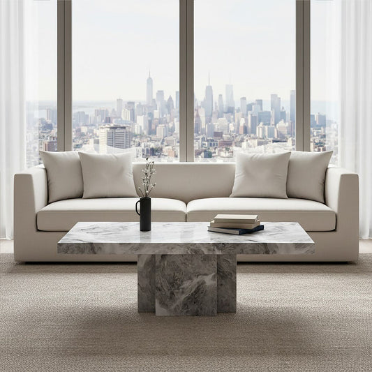 Grey Marble Top Coffee Table with Pedestal Base and Silver Metal Trim, Saronno