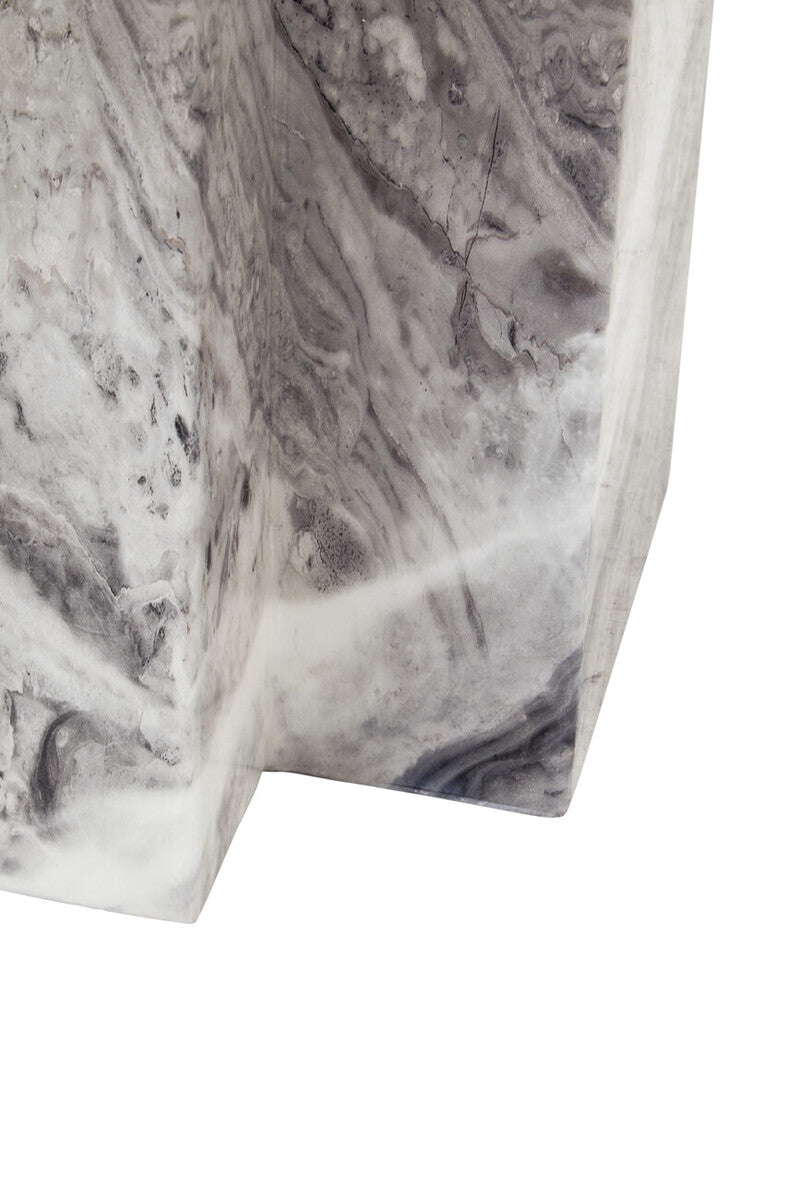 Grey Marble Top Side Table with Pedestal Base and Silver Stainless Steel Detailing, Saronno