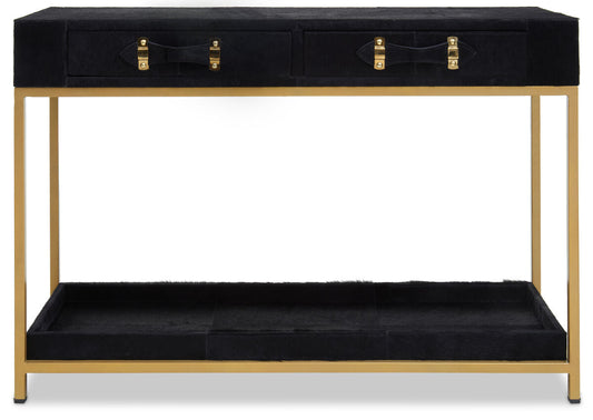Black Hair-On-Leather 2-Drawer Console Table with Gold-Finished Metal Frame | Kensington Townhouse