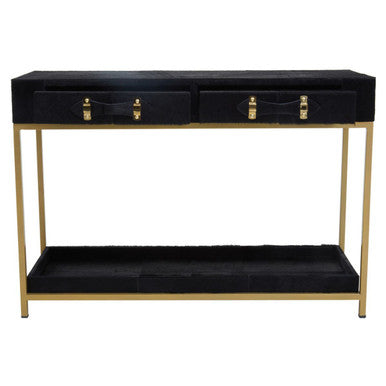Black Hair-On-Leather 2-Drawer Console Table with Gold-Finished Metal Frame | Kensington Townhouse