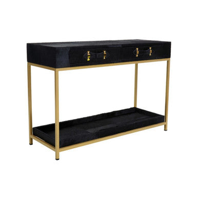 Black Hair-On-Leather 2-Drawer Console Table with Gold-Finished Metal Frame | Kensington Townhouse