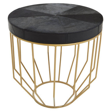 Black Hair-On-Hide Leather Round Top Side Table with Geometric Gold Metal Frame | Kensington Townhouse