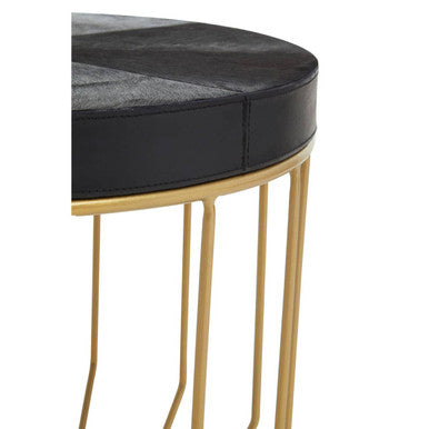 Black Hair-On-Hide Leather Round Top Side Table with Geometric Gold Metal Frame | Kensington Townhouse