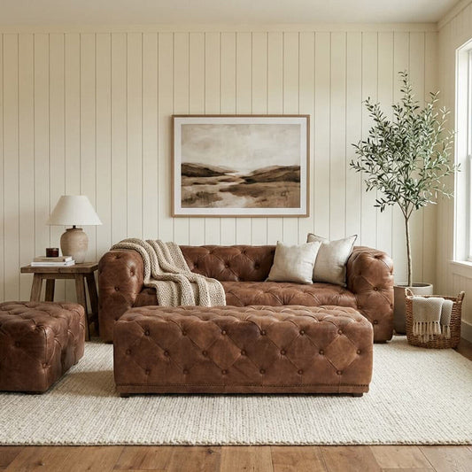 Hoxton Brown Leather Rectangle Chesterfield Ottoman with Button Tufting