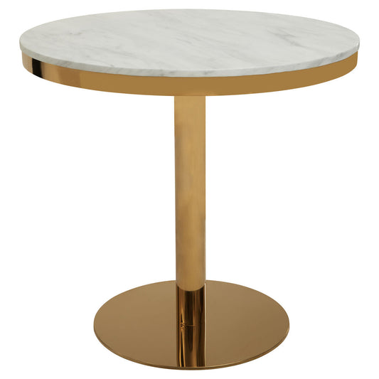 White Marble Round Top Dining Table with Luxe Gold Finish Pedestal Base, Azalea