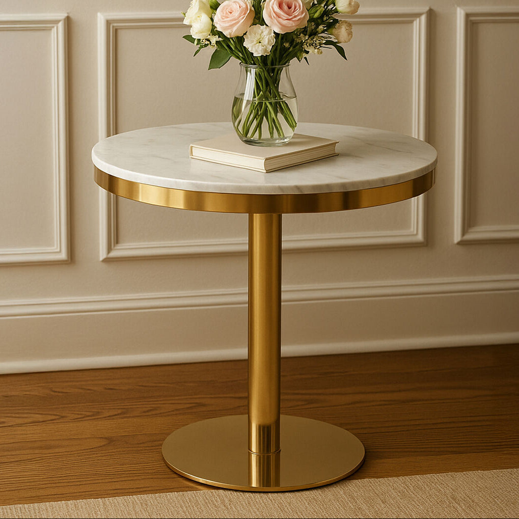 White Marble Round Top Dining Table with Luxe Gold Finish Pedestal Base | Azalea