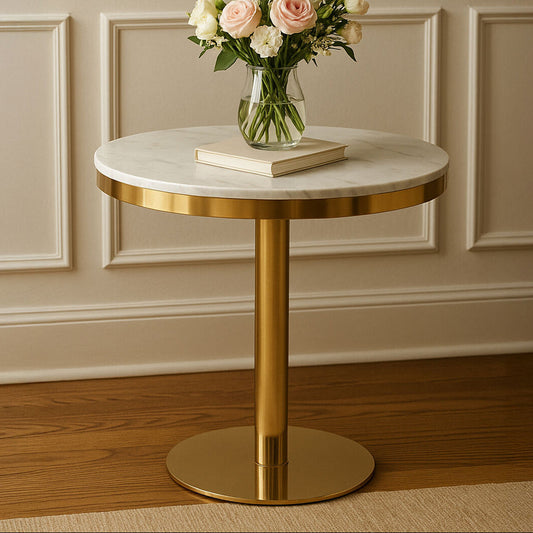 White Marble Round Top Dining Table with Luxe Gold Finish Pedestal Base, Azalea