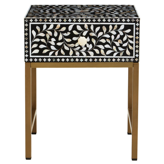 Black Wood Inlay 1-Drawer Side Table with Floral Handle and Gold Metal Finish Base, Fusion