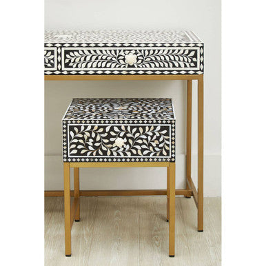 Black Wood Inlay 1-Drawer Side Table with Floral Handle and Gold Metal Finish Base, Fusion