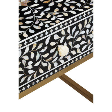 Black Wood Inlay 1-Drawer Side Table with Floral Handle and Gold Metal Finish Base, Fusion