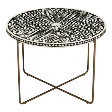 Black Round Coffee Table with White Bone Inlay Top and Gold Metal Cross Base | Fusion