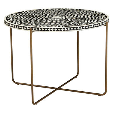 Black Round Coffee Table with White Bone Inlay Top and Gold Metal Cross Base | Fusion