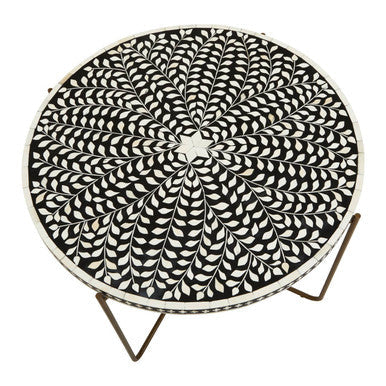 Black Round Coffee Table with White Bone Inlay Top and Gold Metal Cross Base | Fusion