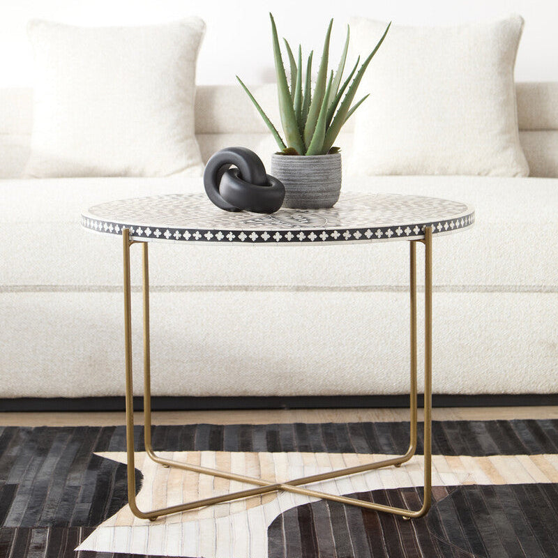 Black Round Wood Coffee Table with White Bone Inlay Top and Gold Metal Cross Base | Fusion
