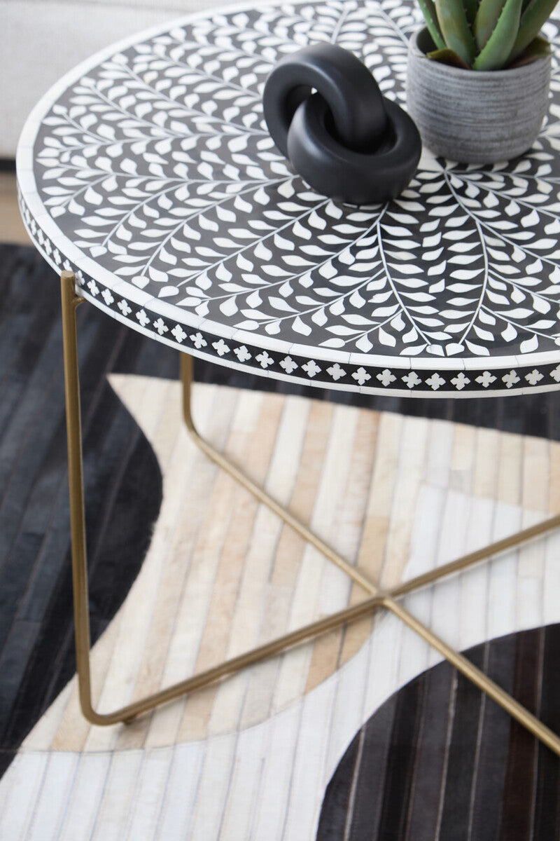 Black Round Wood Coffee Table with White Bone Inlay Top and Gold Metal Cross Base | Fusion