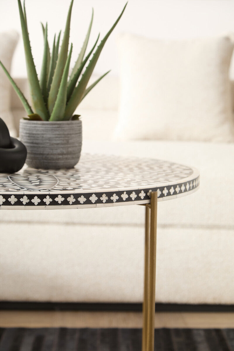 Black Round Coffee Table with White Bone Inlay Top and Gold Metal Cross Base | Fusion