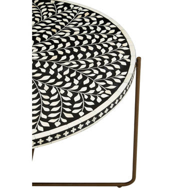 Black Round Coffee Table with White Bone Inlay Top and Gold Metal Cross Base | Fusion