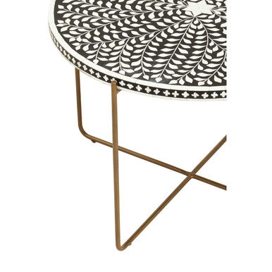 Black Round Coffee Table with White Bone Inlay Top and Gold Metal Cross Base | Fusion