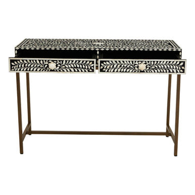 Black and White Floral Bone Inlay Console Table with 2 Storage Drawers and Gold Metal Base | Fusion