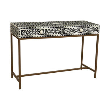 Black and White Floral Bone Inlay Console Table with 2 Storage Drawers and Gold Metal Base | Fusion