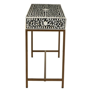Black and White Floral Bone Inlay Console Table with 2 Storage Drawers and Gold Metal Base | Fusion