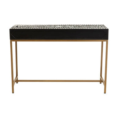 Black and White Floral Bone Inlay Console Table with 2 Storage Drawers and Gold Metal Base | Fusion