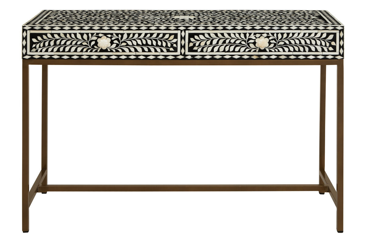Black and White Floral Bone Inlay Console Table with 2 Storage Drawers and Gold Metal Base | Fusion