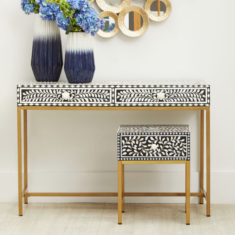 Black and White Floral Bone Inlay Console Table with 2 Storage Drawers and Gold Metal Base | Fusion