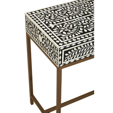 Black and White Floral Bone Inlay Console Table with 2 Storage Drawers and Gold Metal Base | Fusion