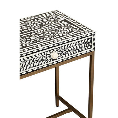 Black and White Floral Bone Inlay Console Table with 2 Storage Drawers and Gold Metal Base | Fusion