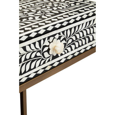 Black and White Floral Bone Inlay Console Table with 2 Storage Drawers and Gold Metal Base | Fusion