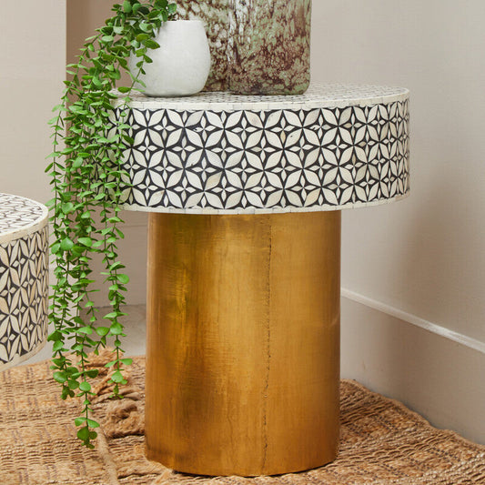 Black Wood Round Side Table with White Bone Inlay Floral Design and Gold Metal Base, Fusion