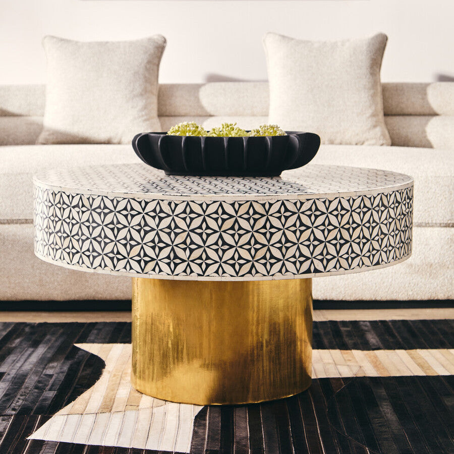 Black and White Round Geometric Bone Inlay Coffee Table with Gold Finish Base | Fusion