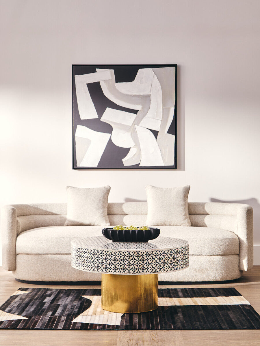 Black and White Round Geometric Bone Inlay Coffee Table with Gold Finish Base | Fusion