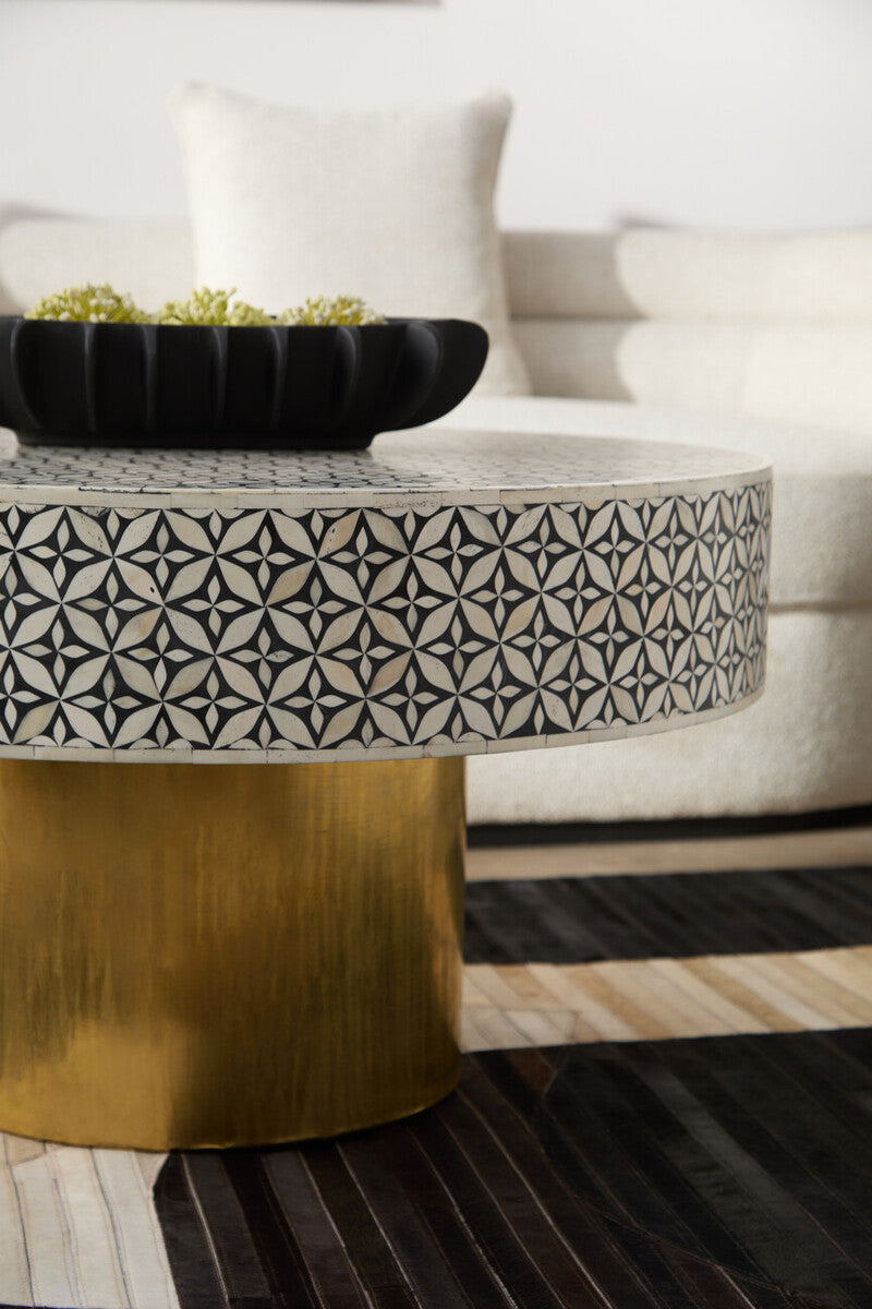Black and White Round Geometric Bone Inlay Coffee Table with Gold Finish Base, Fusion