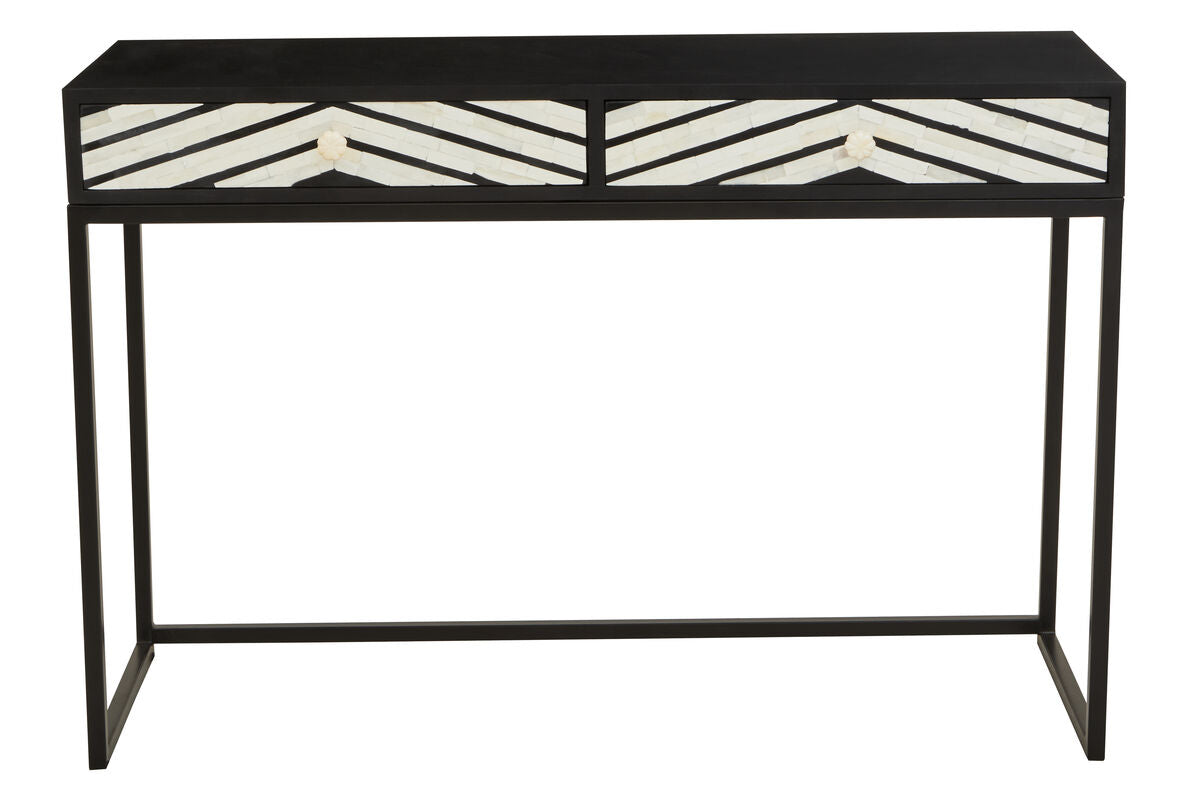 Black Wood 2-Drawer Console Table with Black and White Bone Inlay Chevron Fronts | Fusion