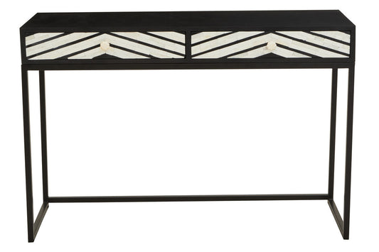 Black Wood 2-Drawer Console Table with Black and White Bone Inlay Chevron Fronts, Fusion