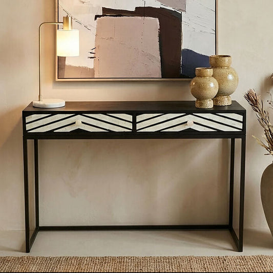 Black Wood 2-Drawer Console Table with Black and White Bone Inlay Chevron Fronts | Fusion