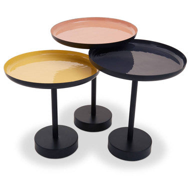 Set of 3 Gold Pink & Black Enamel Tray Tables with Black Iron Bases | Amira