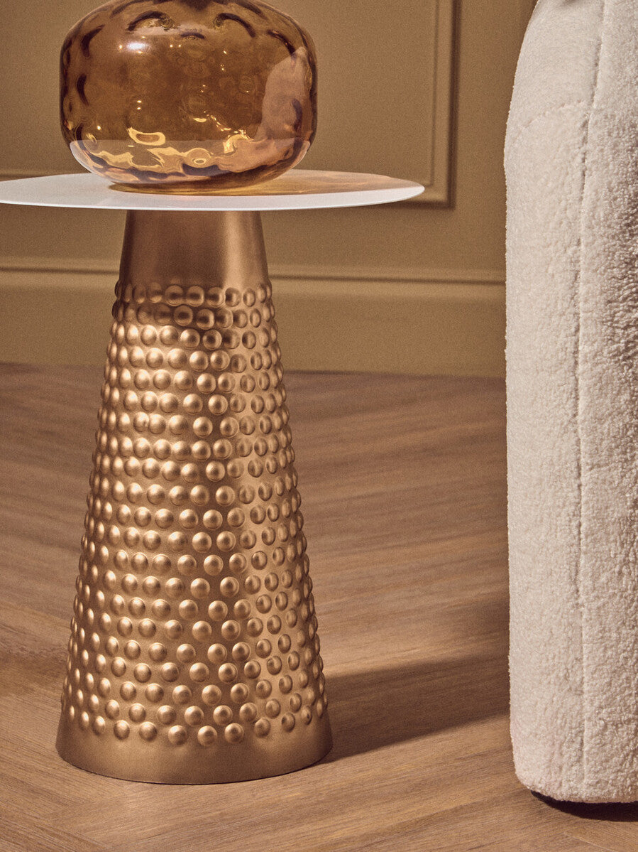 White Tabletop Side Table with Chunky Hammered Gold Base | Amira